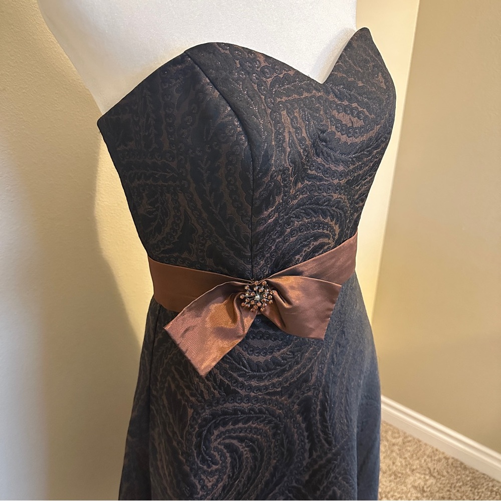 David's Bridal Strapless, Copper and Black, Brocade Cocktail Dress Size 8